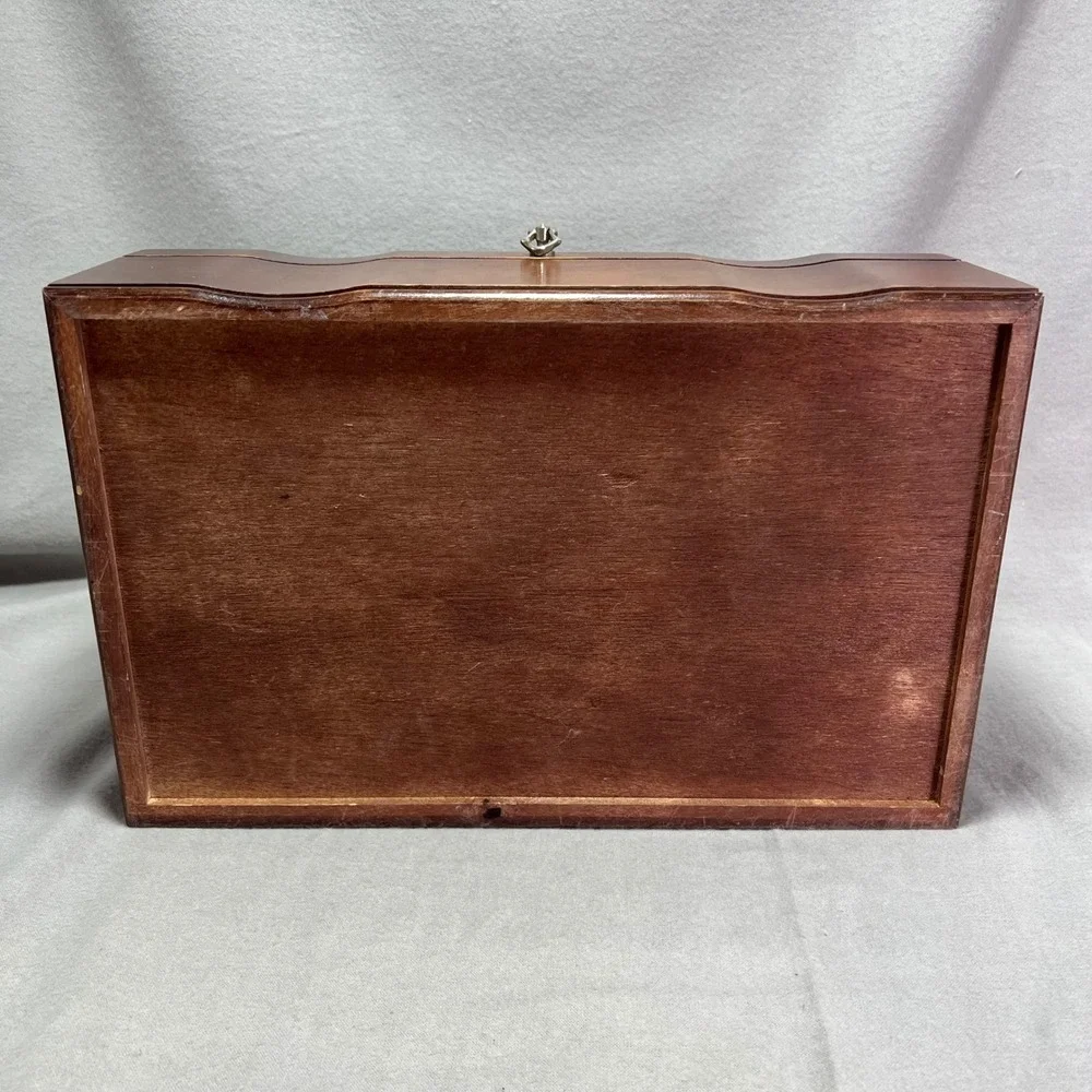 Vintage Wooden Jewelry Box Chest Red Velvet Lining Removable Tray Necklace Hooks